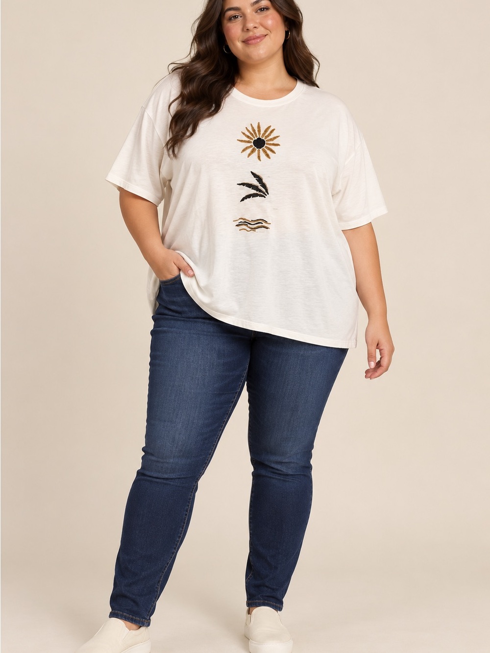 torrid oversized Ivory Graphic Tee with Gold and Black Sun Motif